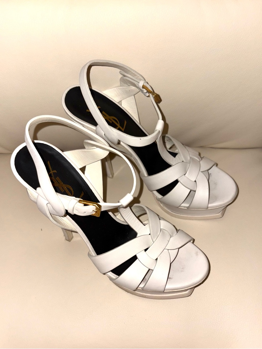 Saint Laurent White Leather Woven T-Strap Platform Sandals - Picture 4 of 10